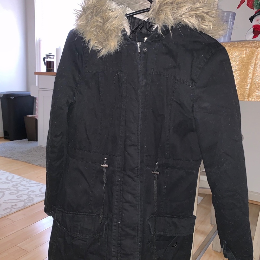 LA hearts black faux fur hood long jacket coat